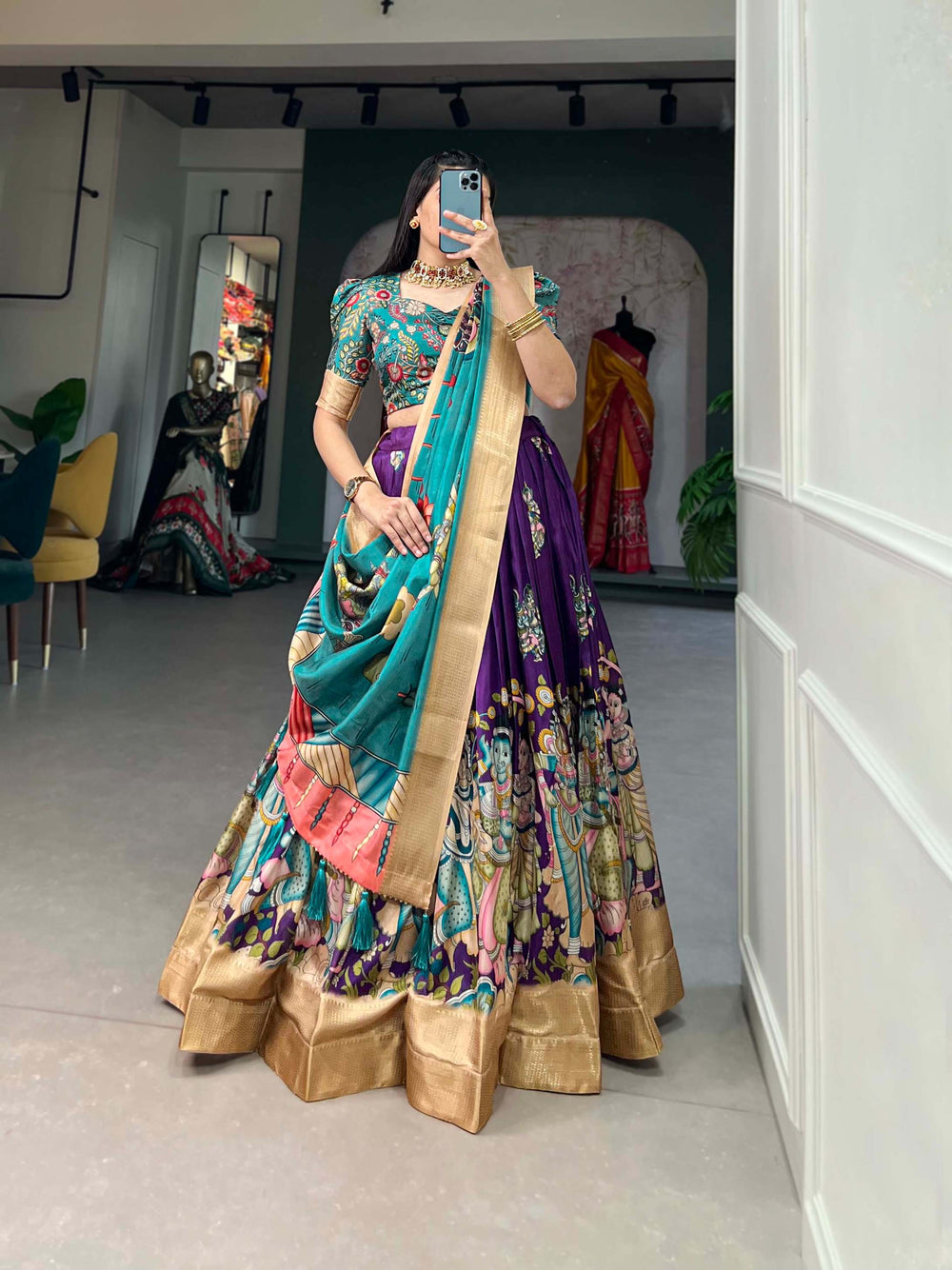 Purple with green dola silk kalamkari print lehenga set - PAHRAVA