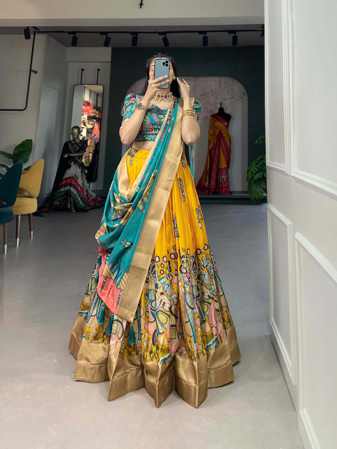 Yellow with green dola silk kalamkari print lehenga set - PAHRAVA