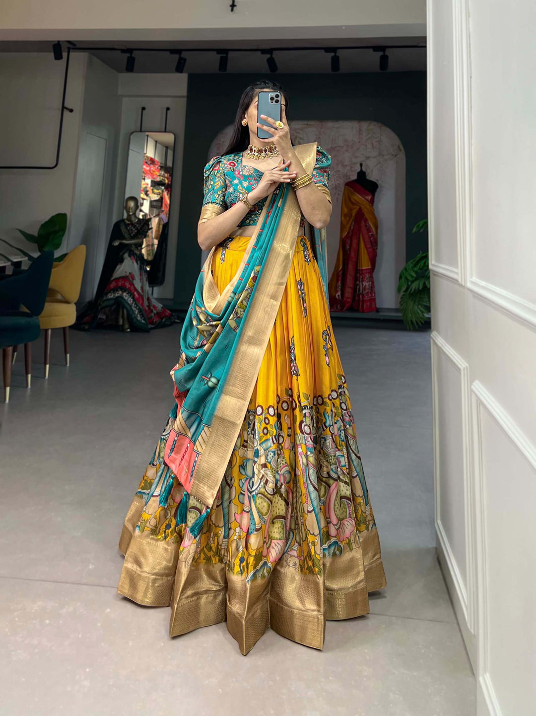 Yellow with green dola silk kalamkari print lehenga set - PAHRAVA