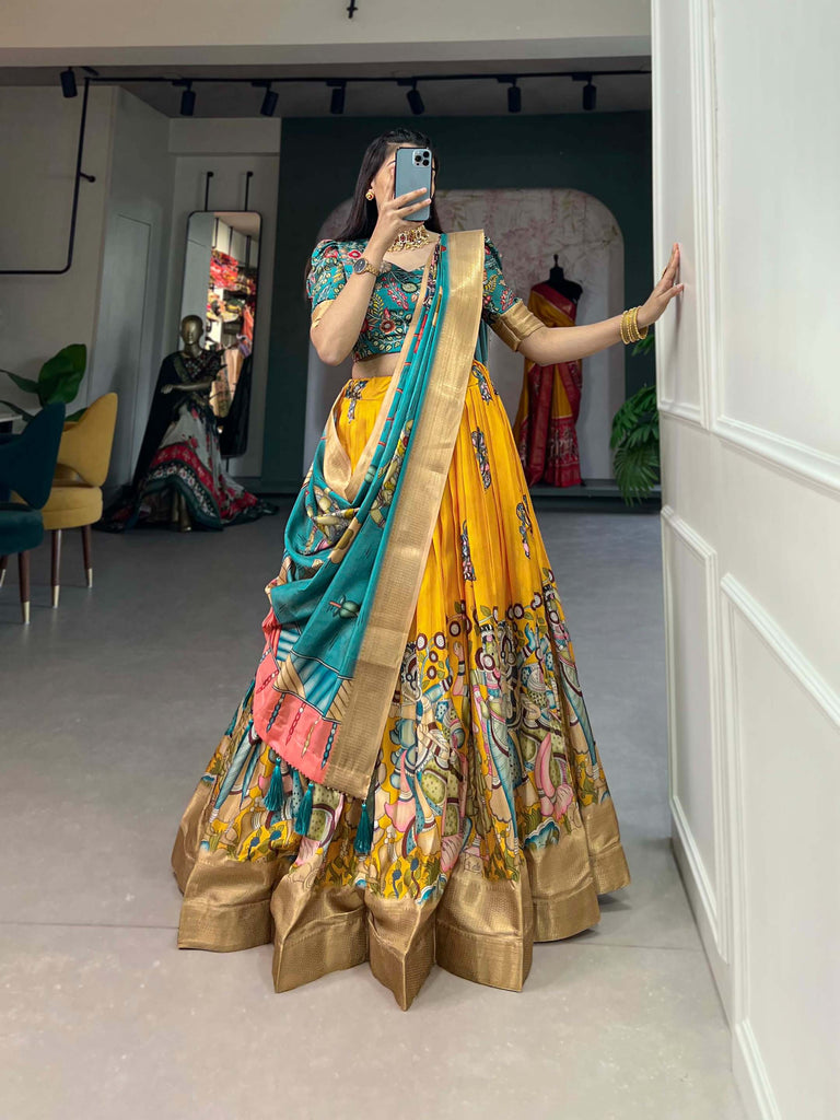 Yellow with green dola silk kalamkari print lehenga set - PAHRAVA