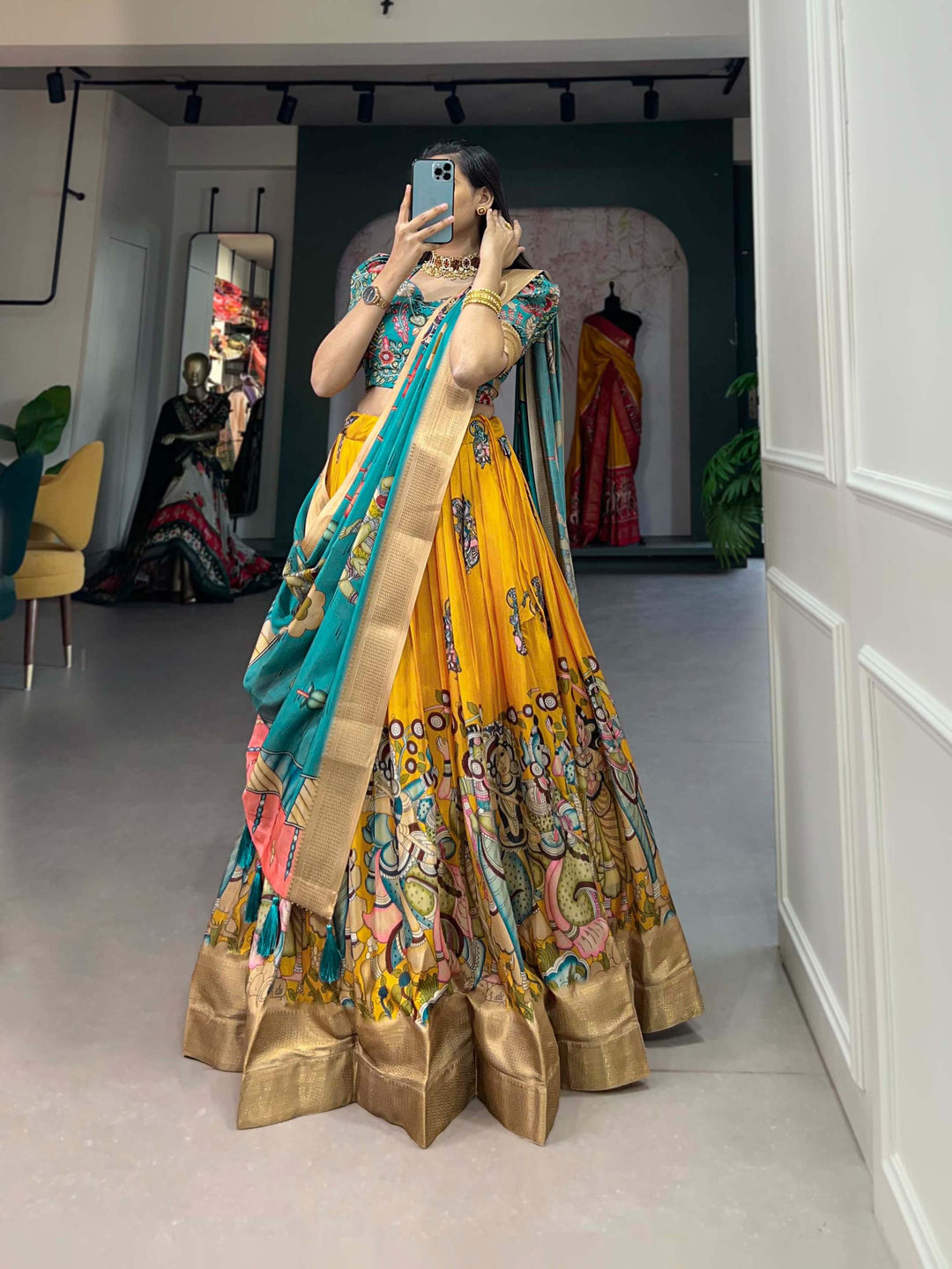 Yellow with green dola silk kalamkari print lehenga set - PAHRAVA