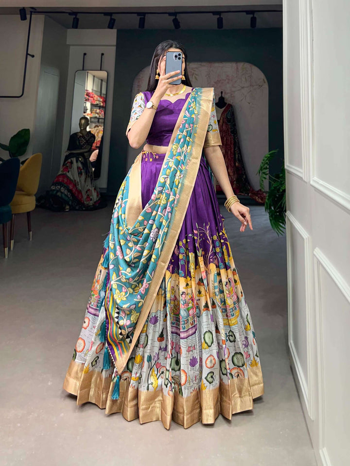 Purple with cyan blue dola silk with kalamkari print lehenga set - PAHRAVA