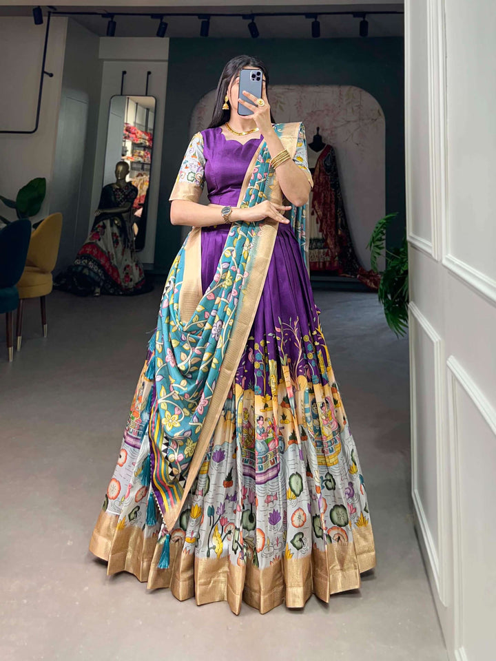 Purple with cyan blue dola silk with kalamkari print lehenga set - PAHRAVA