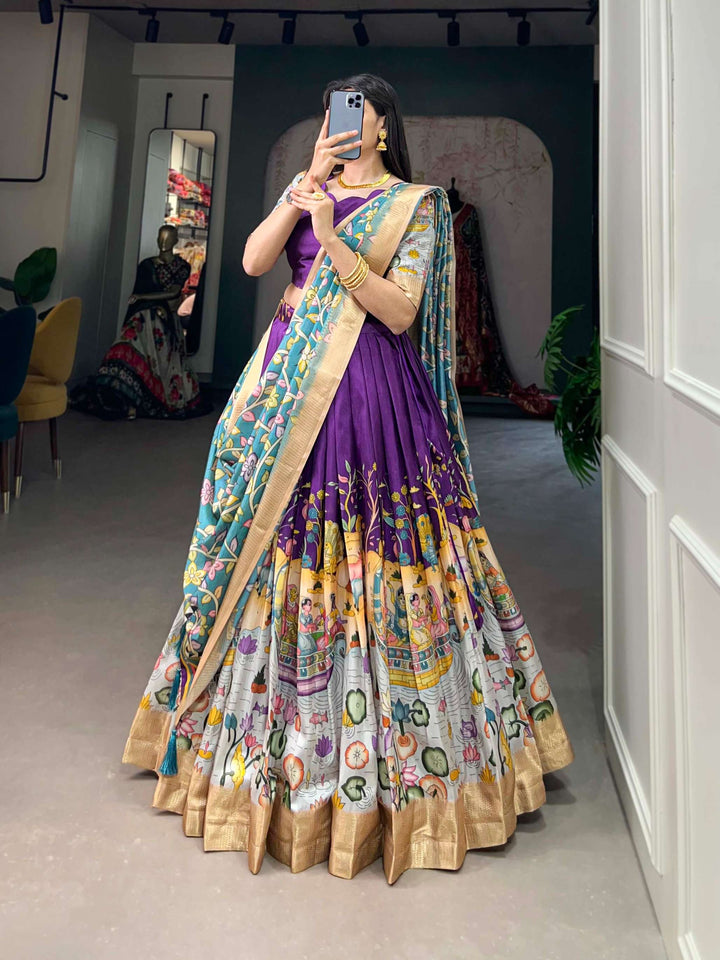 Purple with cyan blue dola silk with kalamkari print lehenga set - PAHRAVA