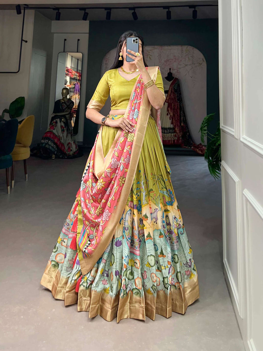 Pista green with peach dola silk with kalamkari print lehenga set - PAHRAVA