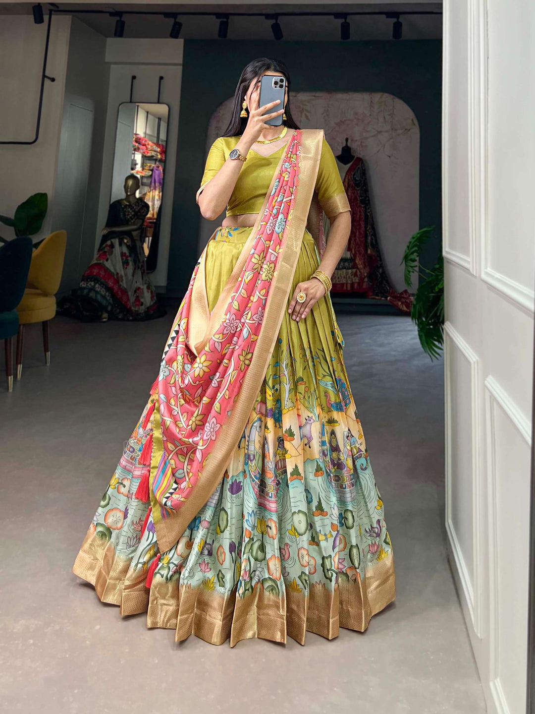 Pista green with peach dola silk with kalamkari print lehenga set - PAHRAVA