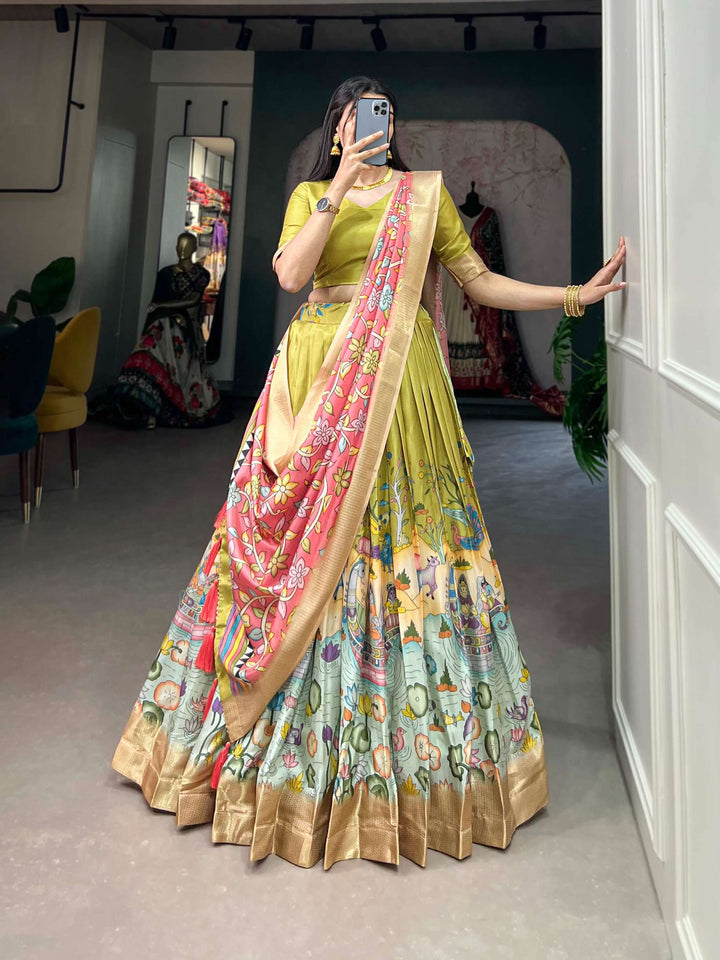 Pista green with peach dola silk with kalamkari print lehenga set - PAHRAVA