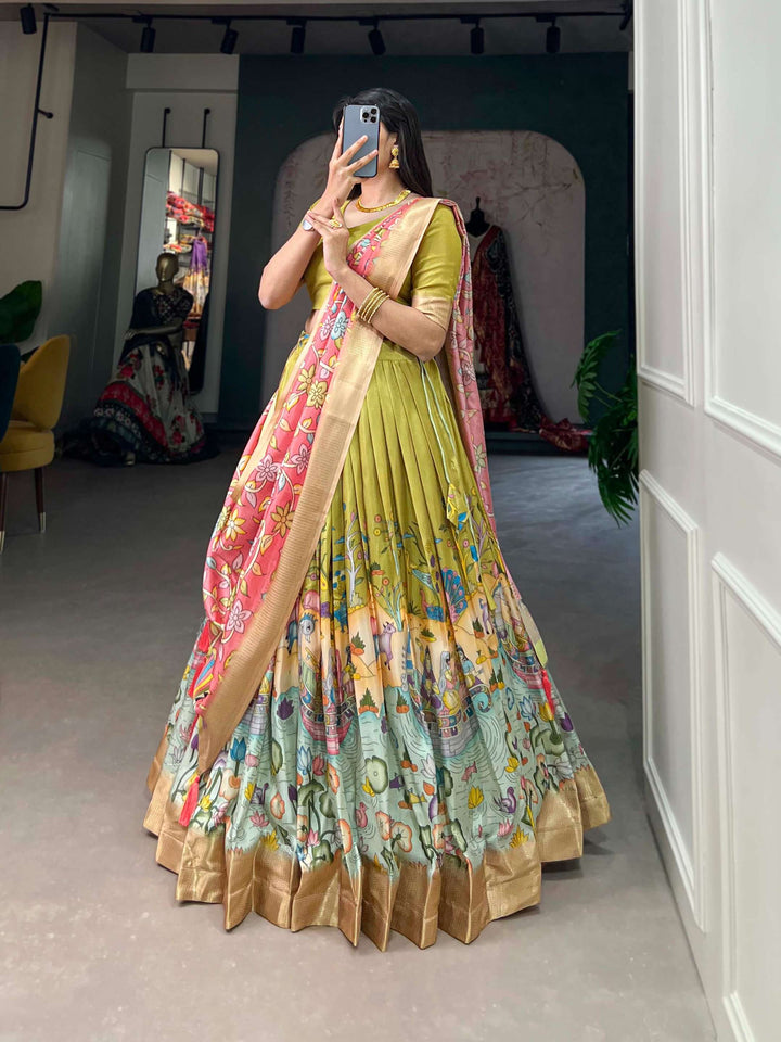 Pista green with peach dola silk with kalamkari print lehenga set - PAHRAVA