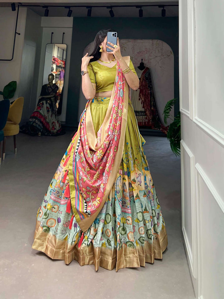 Pista green with peach dola silk with kalamkari print lehenga set - PAHRAVA