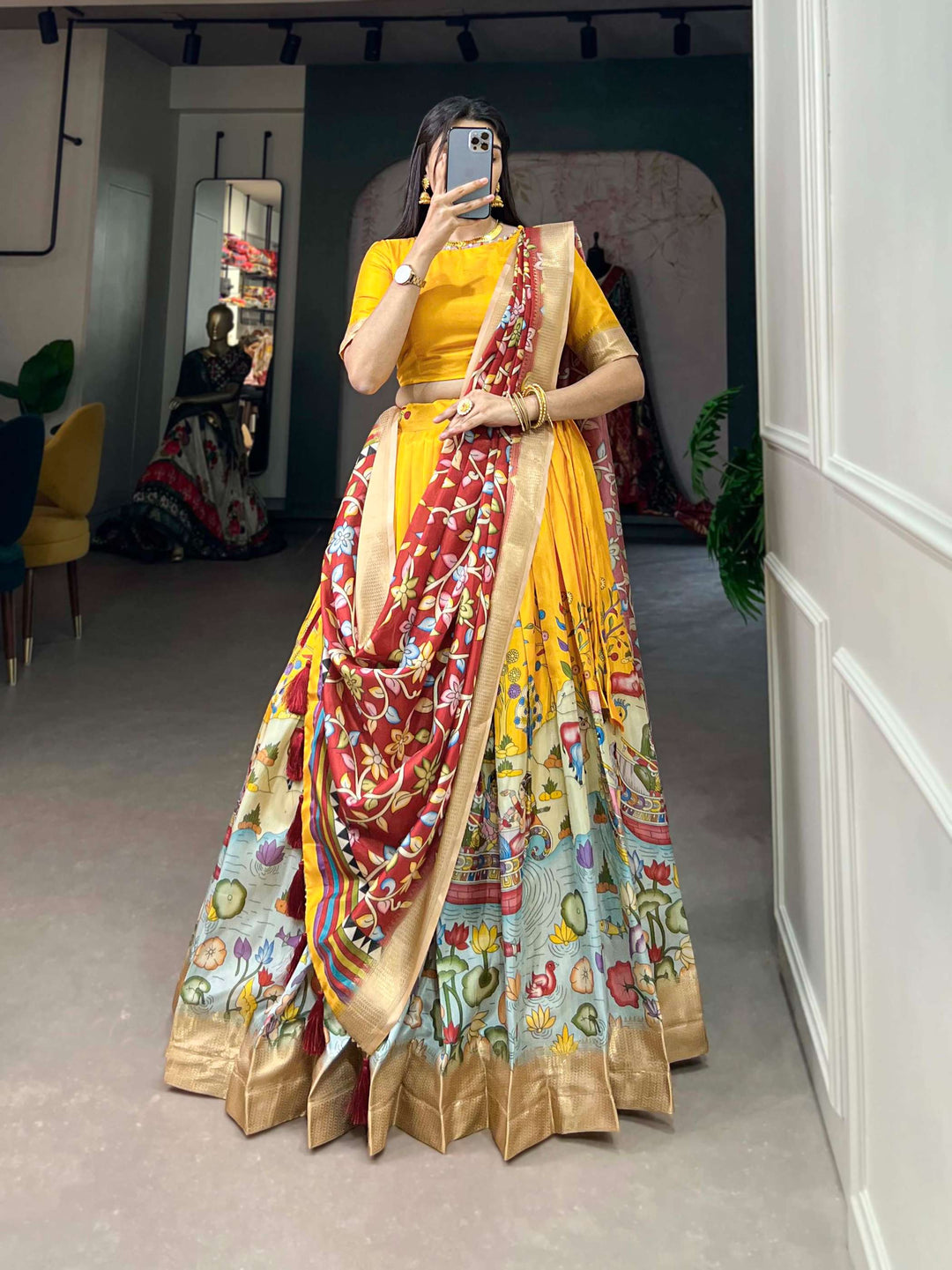 Yellow with red dola silk with kalamkari print lehenga set - PAHRAVA