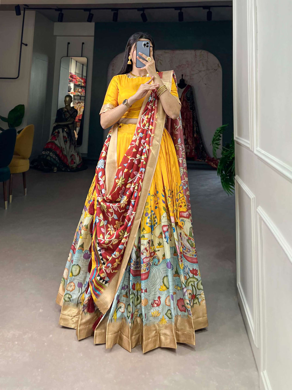 Yellow with red dola silk with kalamkari print lehenga set - PAHRAVA