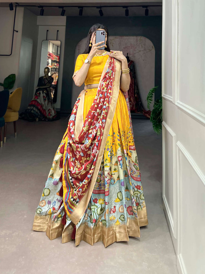 Yellow with red dola silk with kalamkari print lehenga set - PAHRAVA