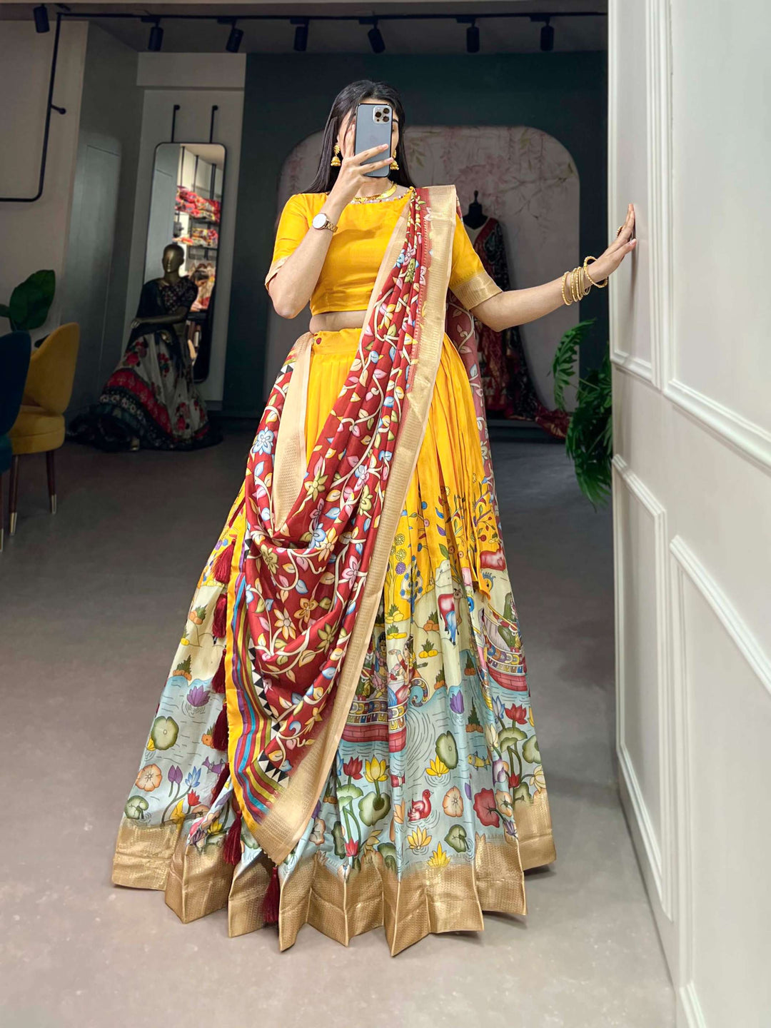 Yellow with red dola silk with kalamkari print lehenga set - PAHRAVA