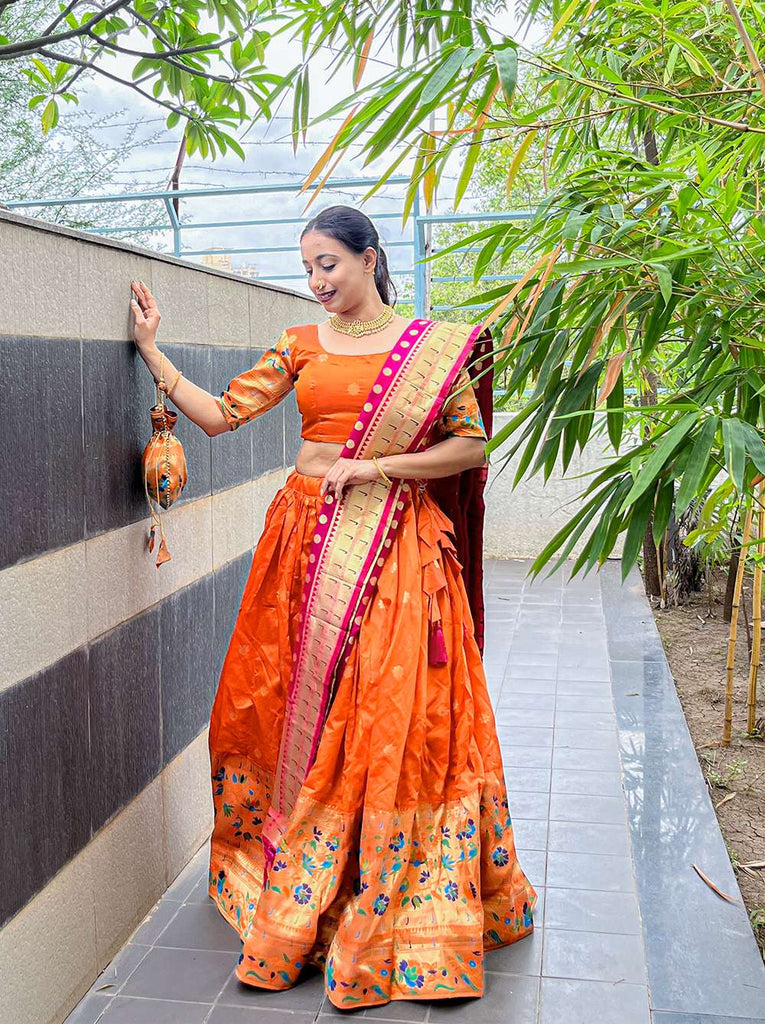 Orange Jacquard Lehenga with Intricate Weaving - PAHRAVA