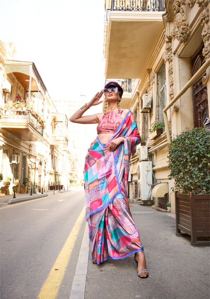 Warm Pink With Blue Printed Satin Georgette Saree - PAHRAVA