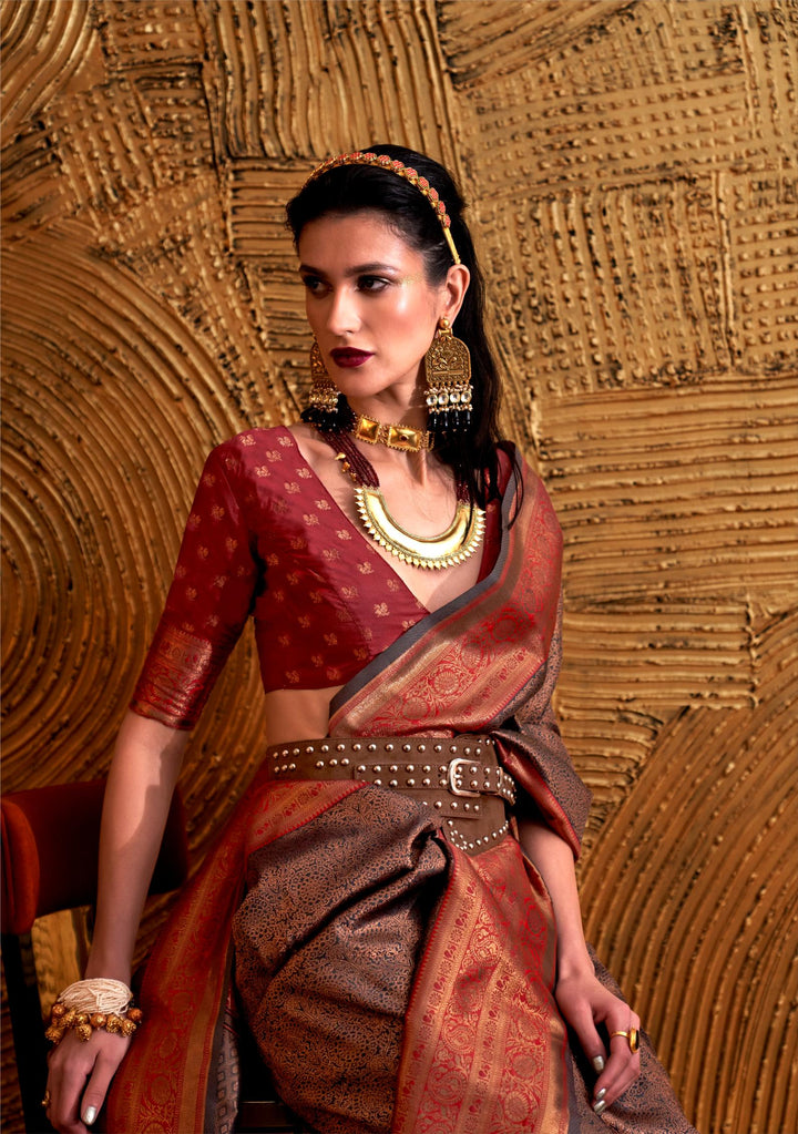 Brownish Chaap Handloom Weaving Silk Saree - PAHRAVA