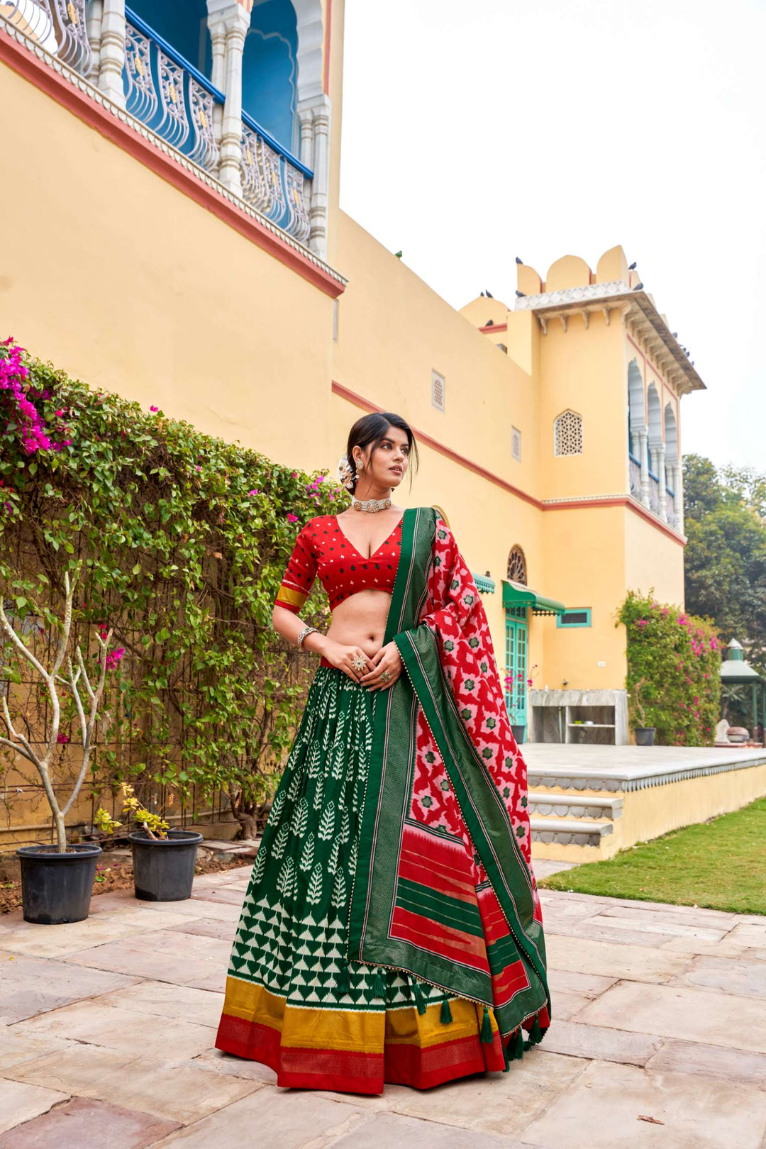 Traditional green with red tussar silk print with foil work lehenga set - PAHRAVA