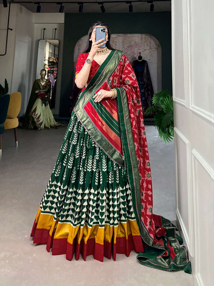 Traditional green with red tussar silk print with foil work lehenga set - PAHRAVA