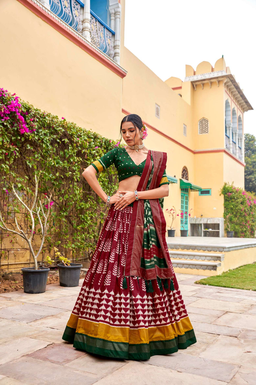 Maroon with green tussar silk print with foil work lehenga set - PAHRAVA