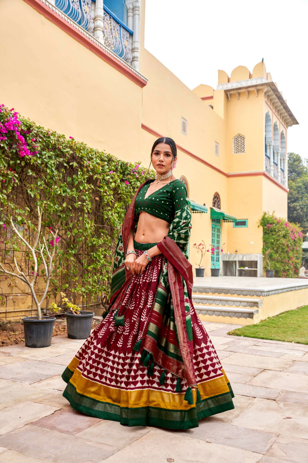 Maroon with green tussar silk print with foil work lehenga set - PAHRAVA