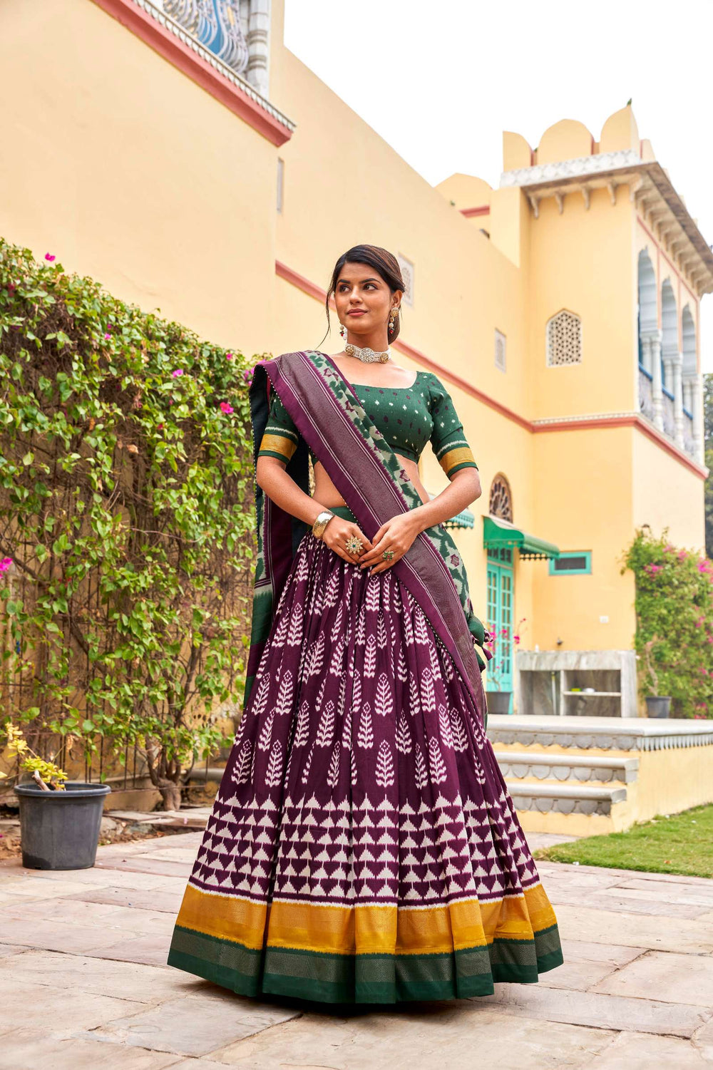 Purple with green  tussar silk print with foil work lehenga set - PAHRAVA