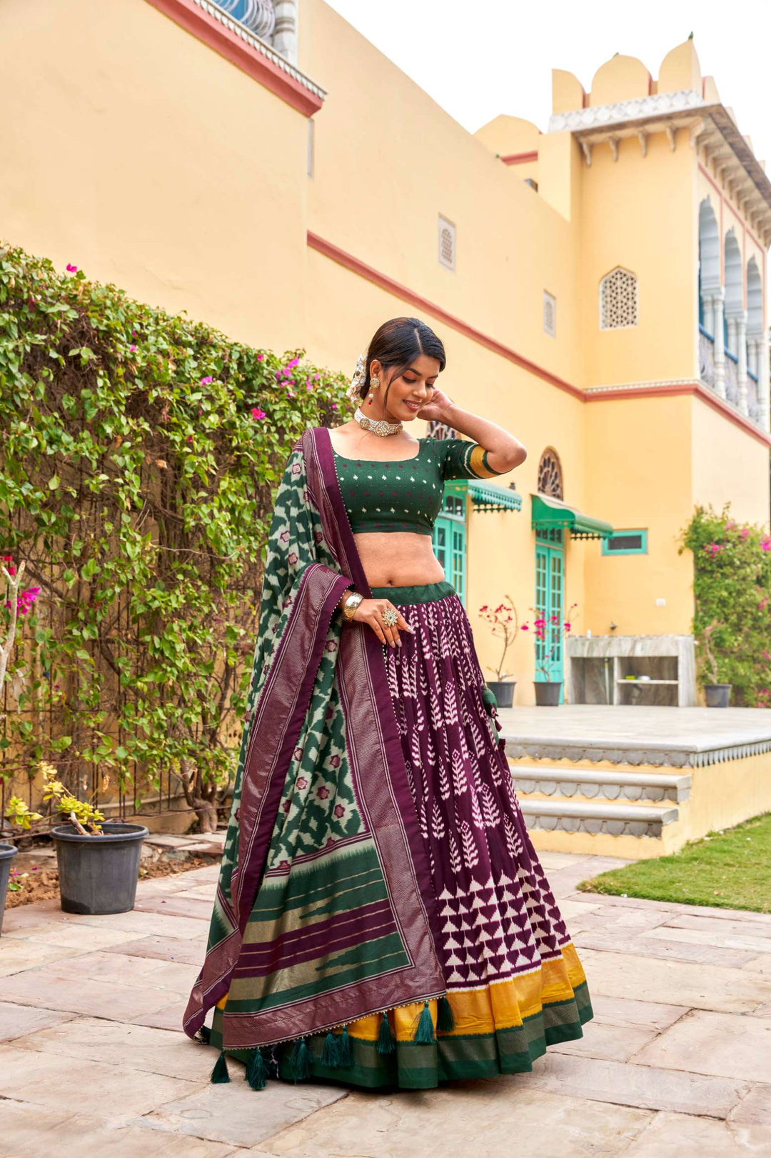 Purple with green  tussar silk print with foil work lehenga set - PAHRAVA