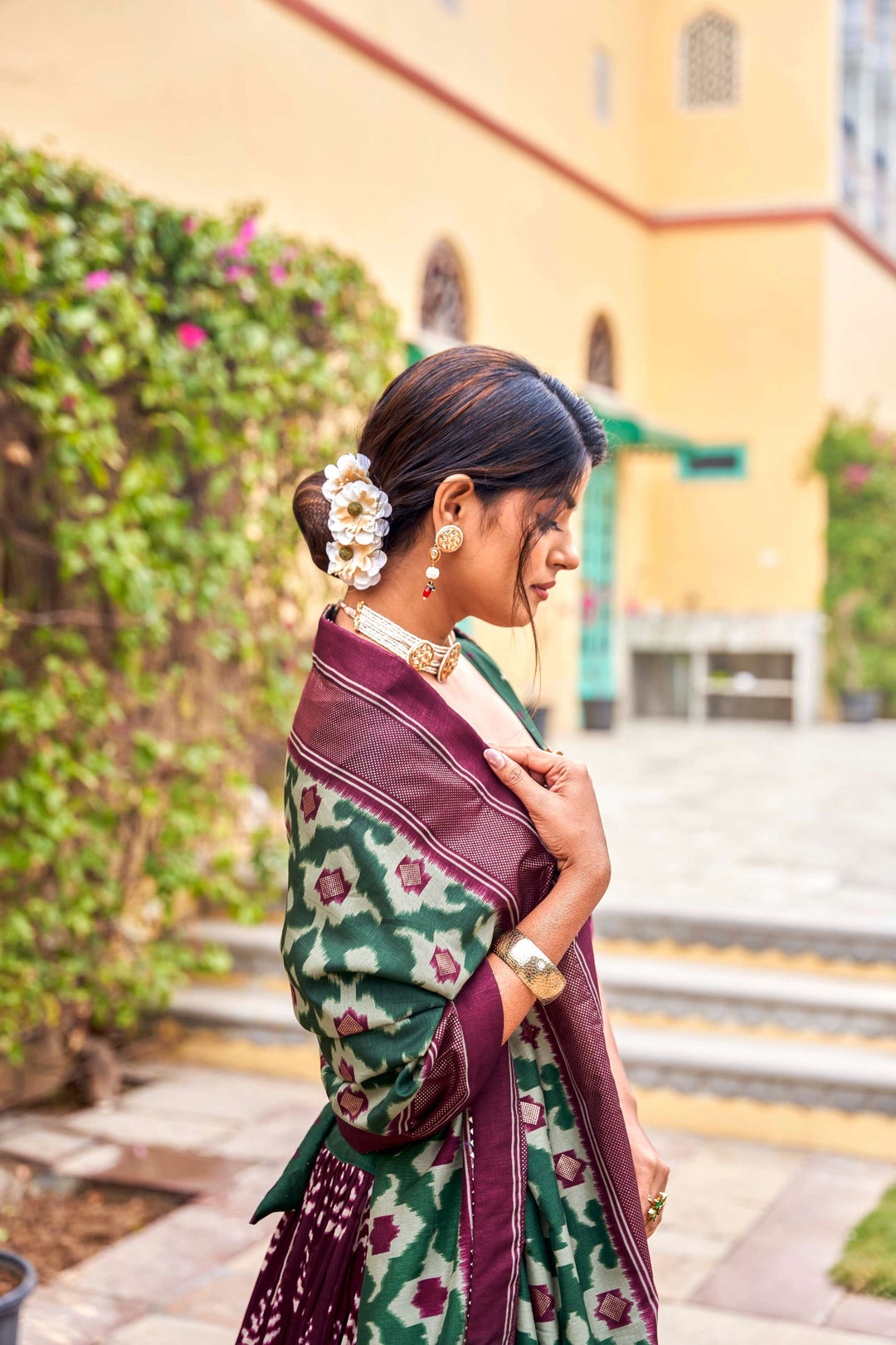 Purple with green  tussar silk print with foil work lehenga set - PAHRAVA