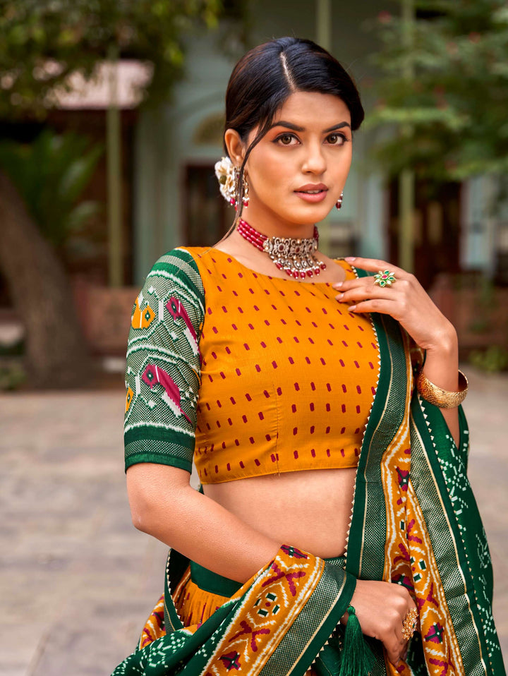 Mustard Yellow Tussar Silk & Ikkat Patola Lehenga Choli - PAHRAVA