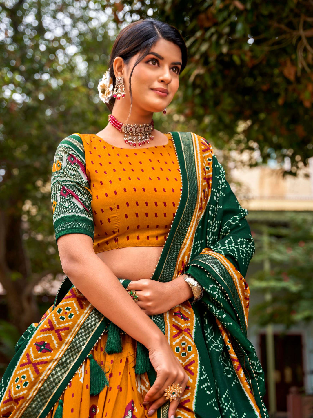 Mustard Yellow Tussar Silk & Ikkat Patola Lehenga Choli - PAHRAVA