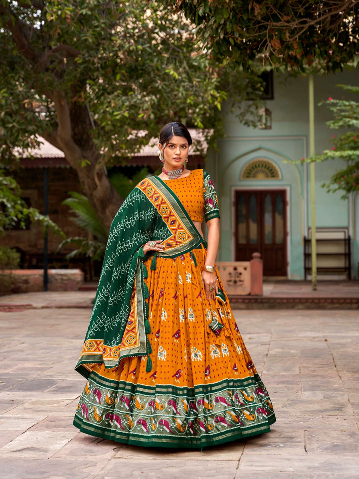 Mustard Yellow Tussar Silk & Ikkat Patola Lehenga Choli - PAHRAVA