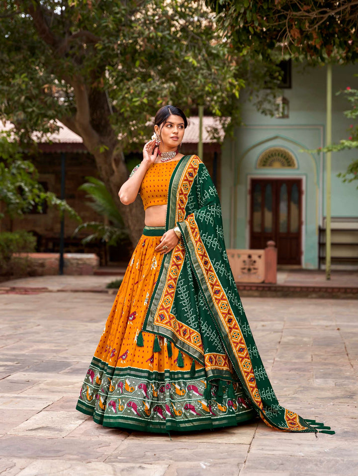 Mustard Yellow Tussar Silk & Ikkat Patola Lehenga Choli - PAHRAVA