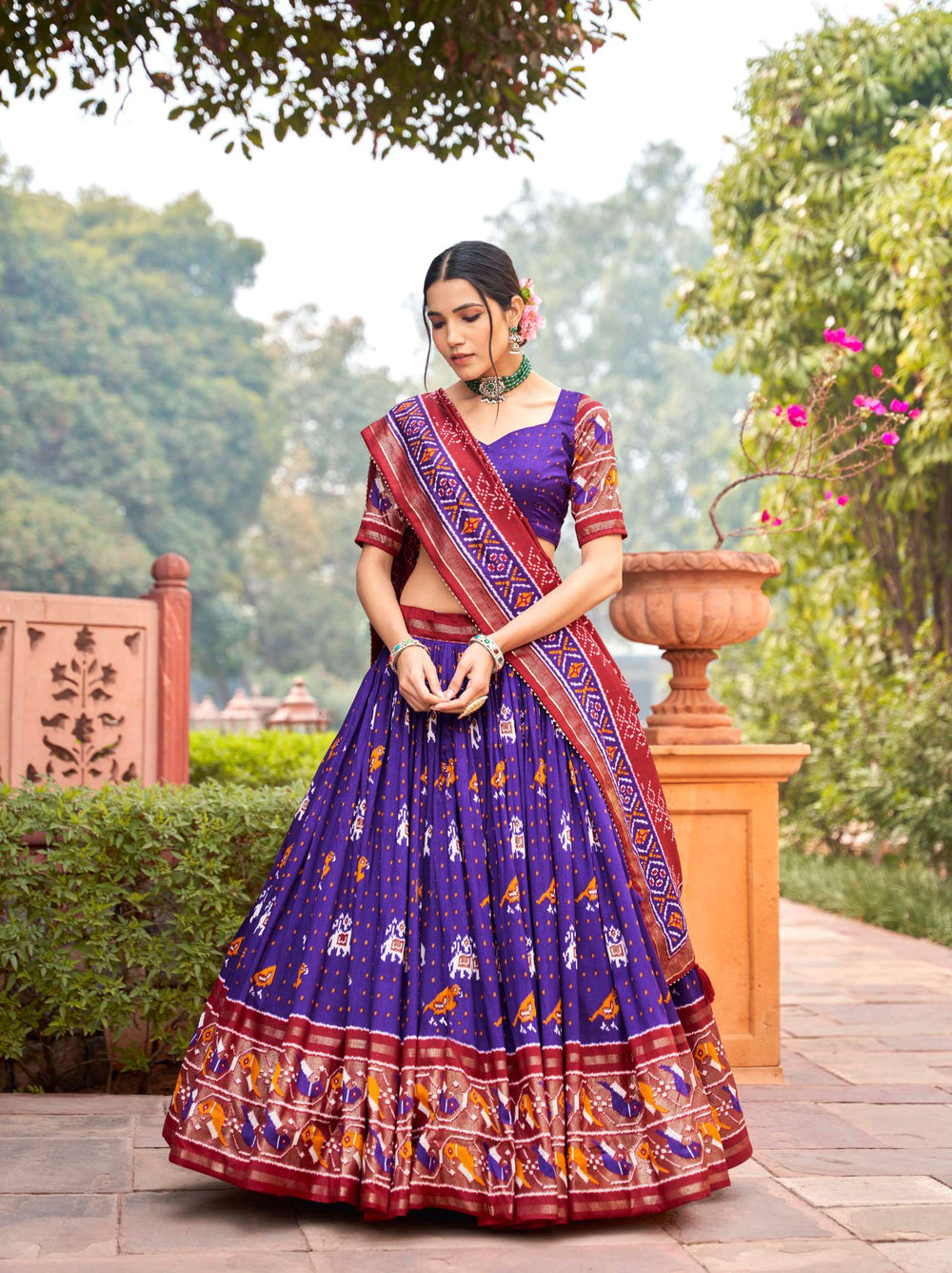 Pure Purple Tussar Silk & Ikkat Patola Lehenga Choli - PAHRAVA