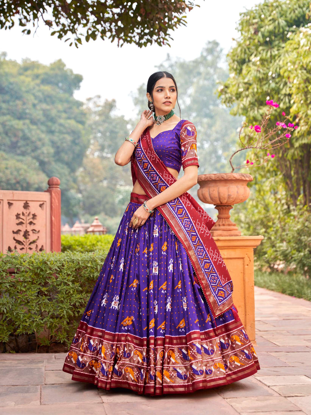 Pure Purple Tussar Silk & Ikkat Patola Lehenga Choli - PAHRAVA