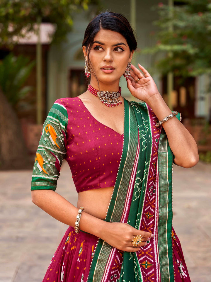 Bright Maroon Tussar Silk & Ikkat Patola Lehenga Choli - PAHRAVA