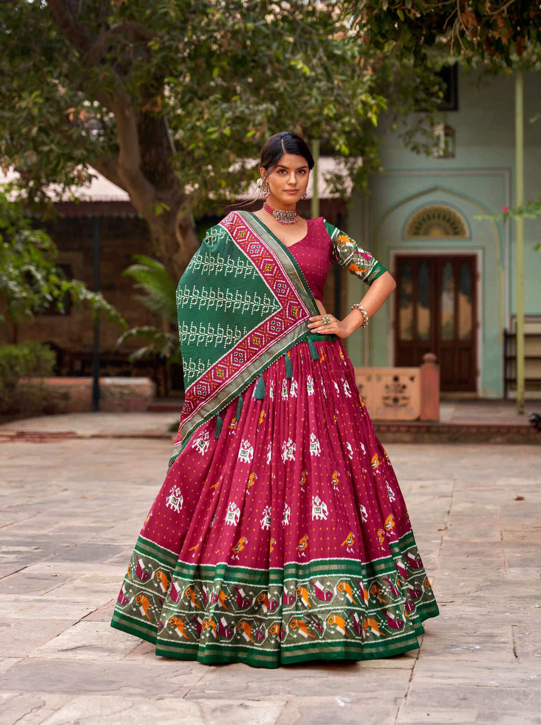 Bright Maroon Tussar Silk & Ikkat Patola Lehenga Choli - PAHRAVA