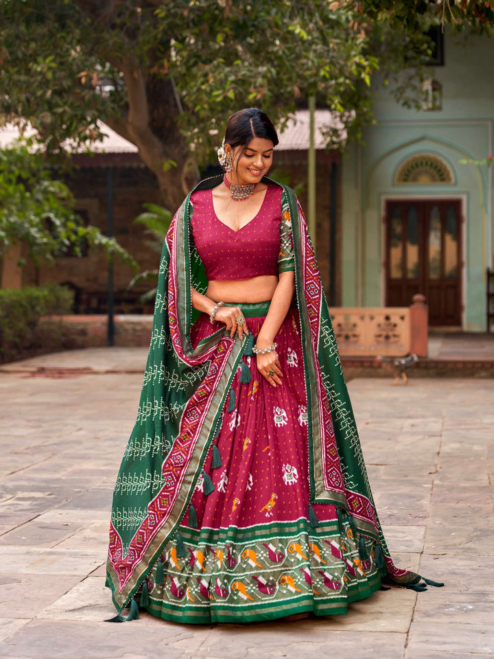 Bright Maroon Tussar Silk & Ikkat Patola Lehenga Choli - PAHRAVA