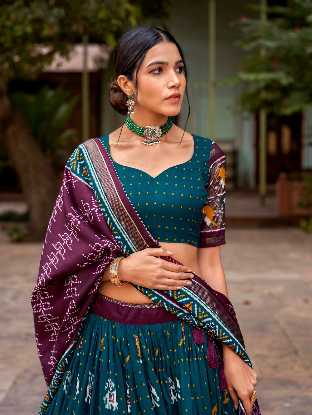 Soft Teal blue Tussar Silk & Ikkat Patola Lehenga Choli - PAHRAVA