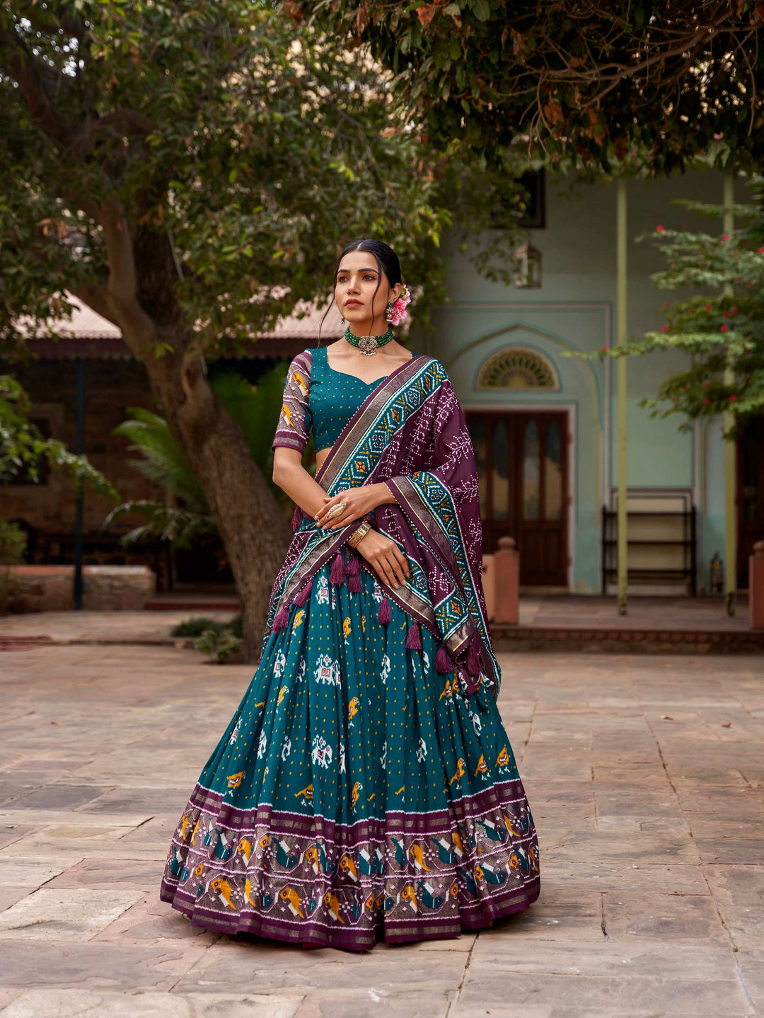 Soft Teal blue Tussar Silk & Ikkat Patola Lehenga Choli - PAHRAVA