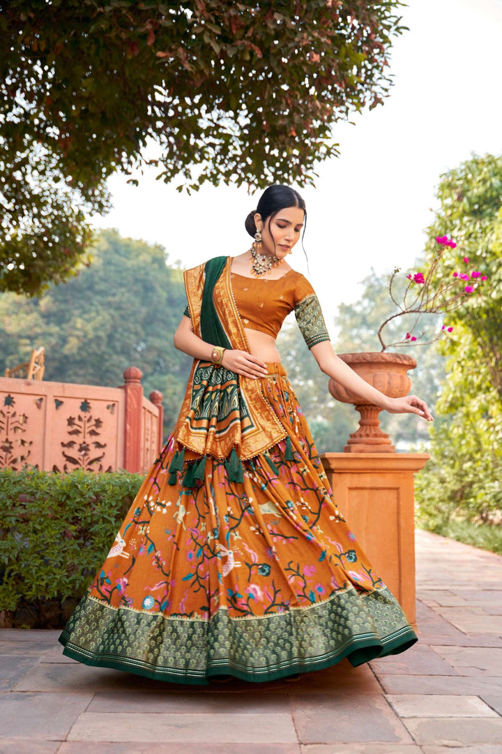 Mustard Yellow Dola Silk Printed Lehenga Choli - PAHRAVA