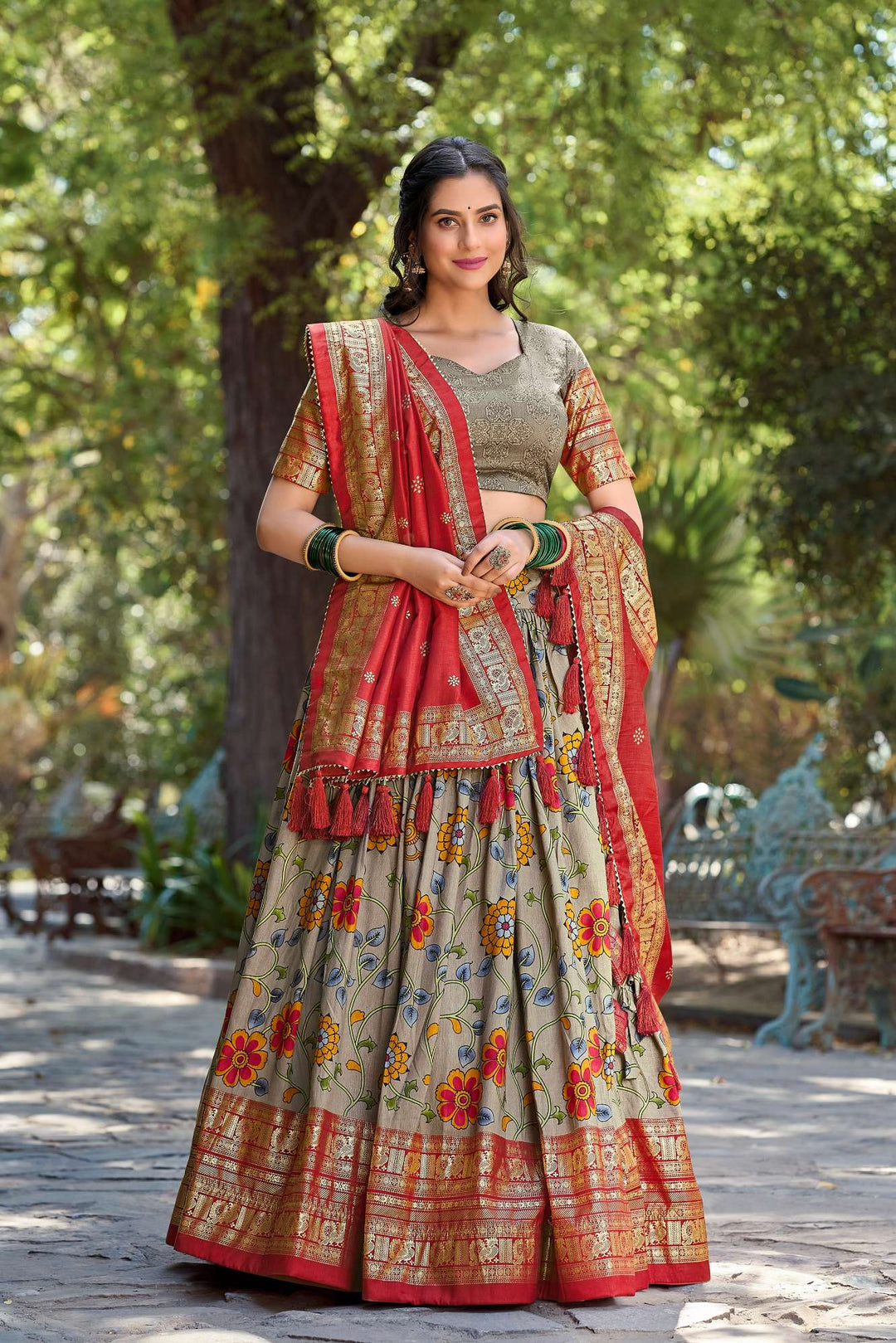 Sliver Shine Grey Kalamkari Tussar Silk Lehenga set - PAHRAVA