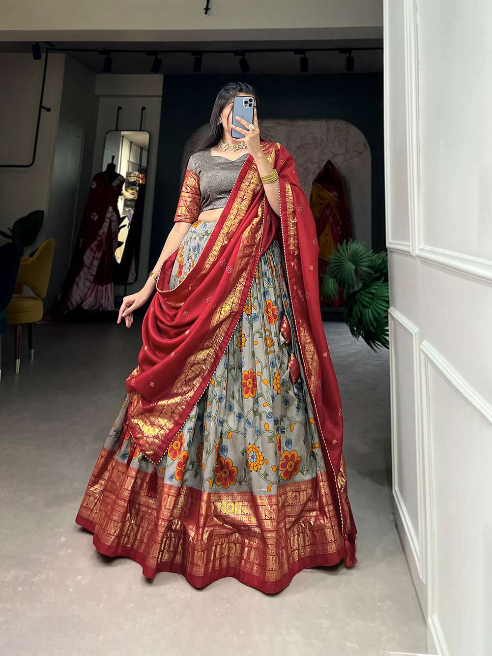 Sliver Shine Grey Kalamkari Tussar Silk Lehenga set - PAHRAVA