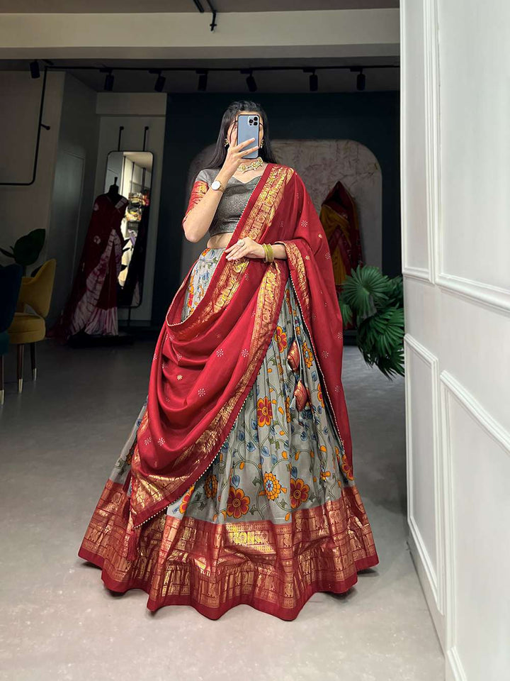 Sliver Shine Grey Kalamkari Tussar Silk Lehenga set - PAHRAVA