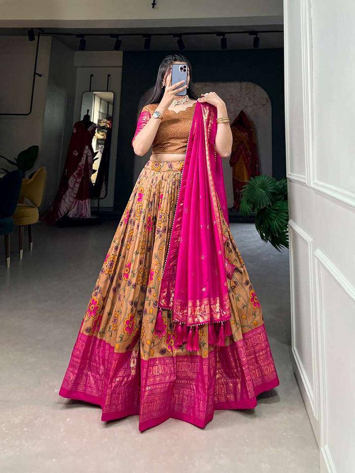 Mustard Orange Kalamkari Tussar Silk Lehenga set - PAHRAVA