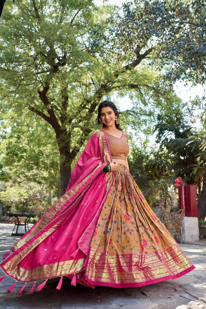 Mustard Orange Kalamkari Tussar Silk Lehenga set - PAHRAVA