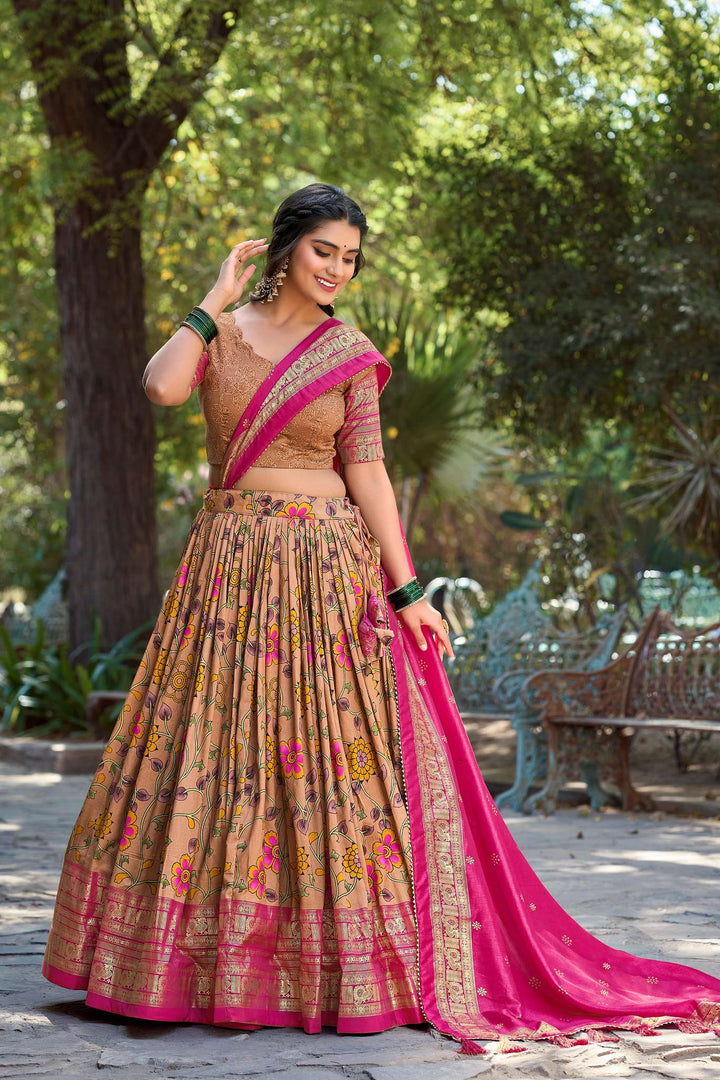 Mustard Orange Kalamkari Tussar Silk Lehenga set - PAHRAVA