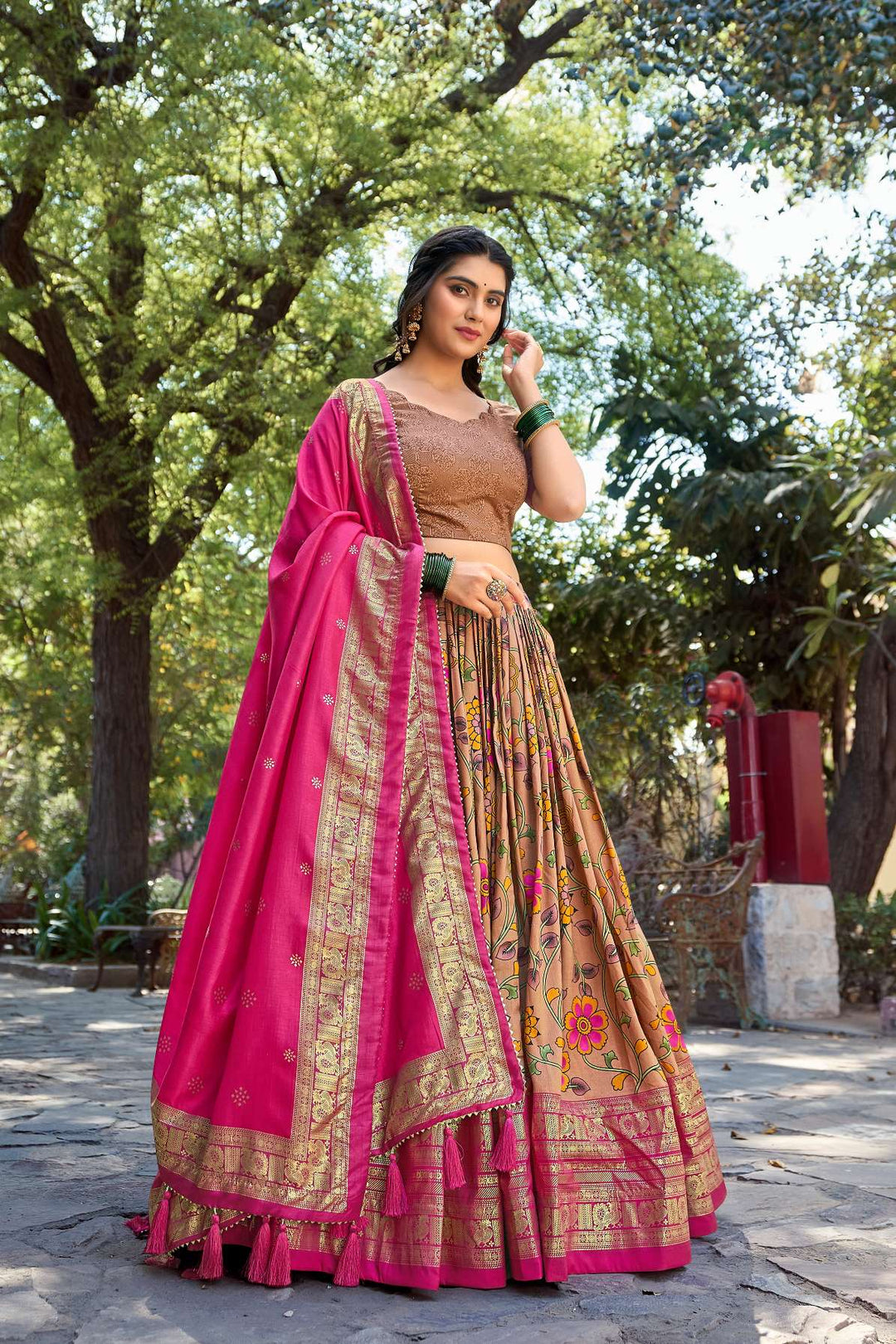 Mustard Orange Kalamkari Tussar Silk Lehenga set - PAHRAVA