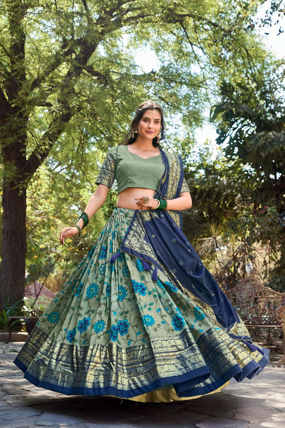 Spring Green Kalamkari Tussar Silk Lehenga set - PAHRAVA