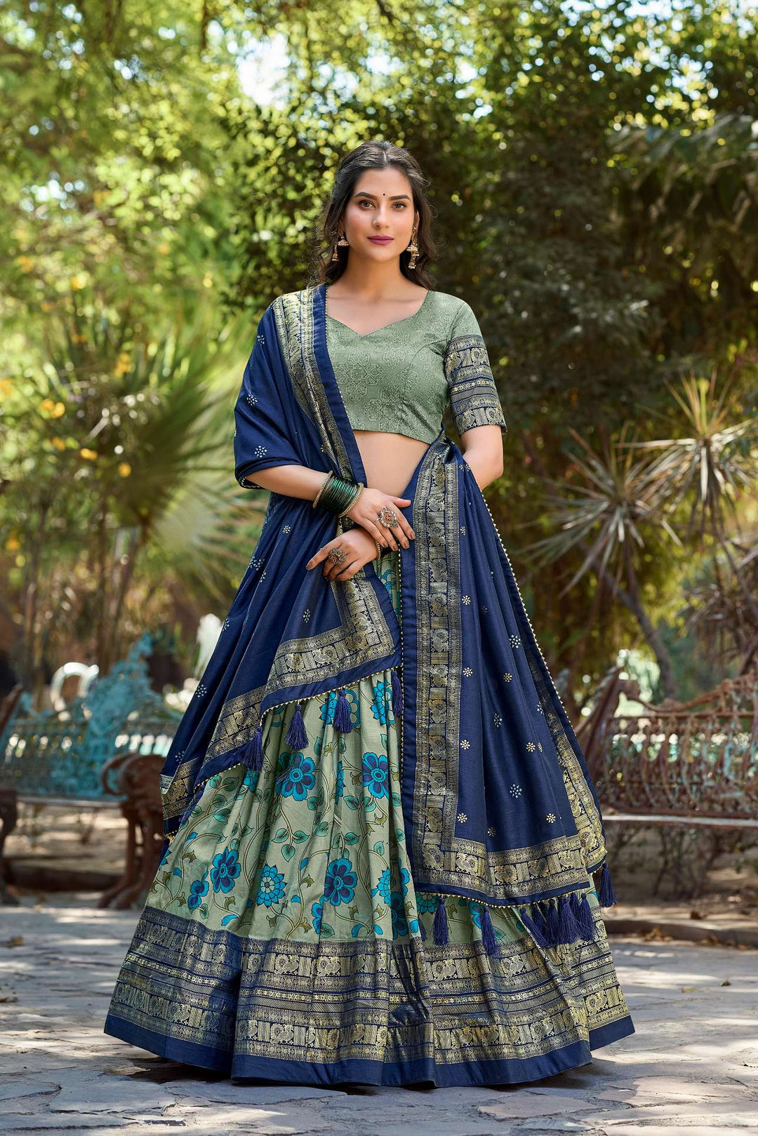 Spring Green Kalamkari Tussar Silk Lehenga set - PAHRAVA