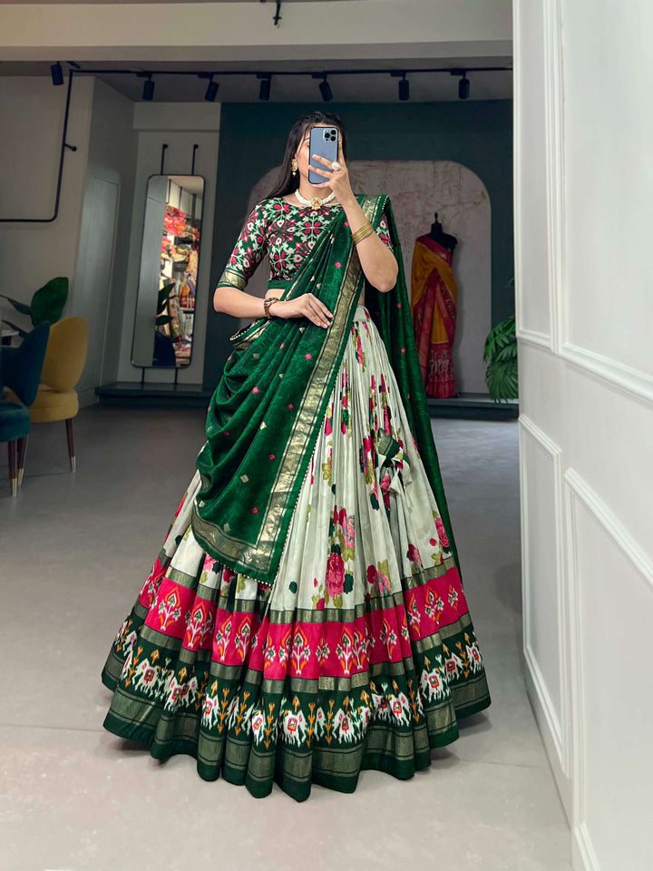 Pastel Green Floral Dola Silk Lehenga Choli - PAHRAVA