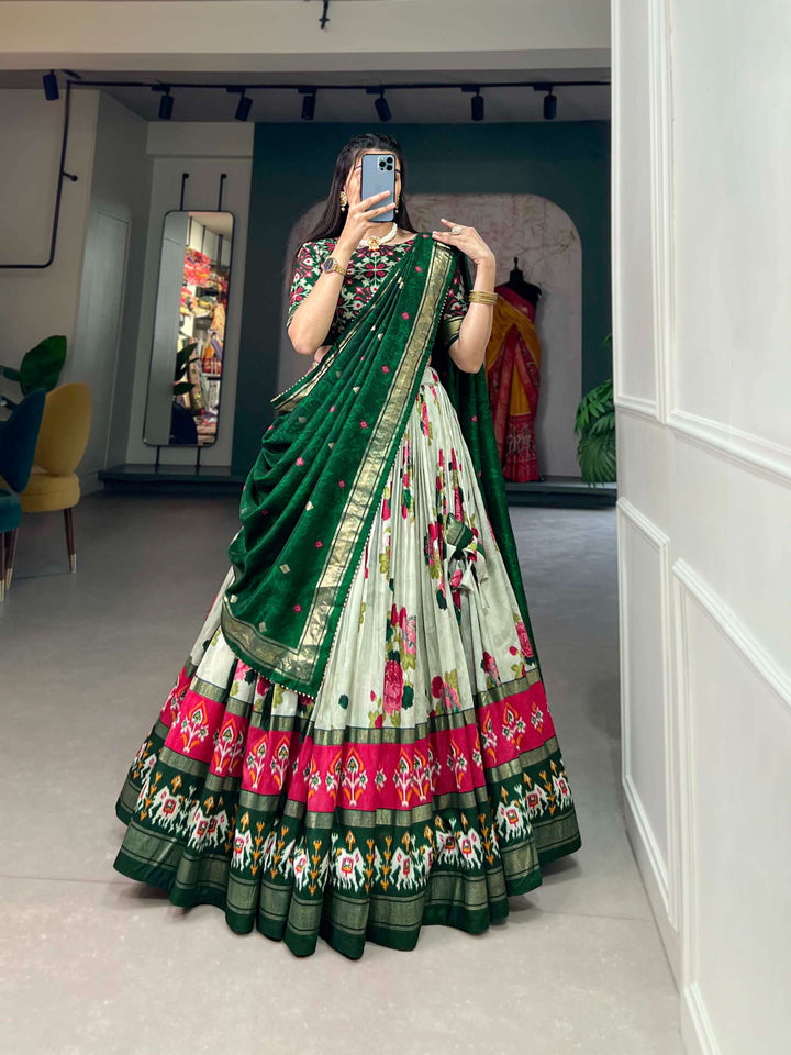 Pastel Green Floral Dola Silk Lehenga Choli - PAHRAVA